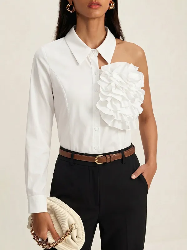 One Shoulder Ruffled Long Sleeve Blouse made by COMMENSE