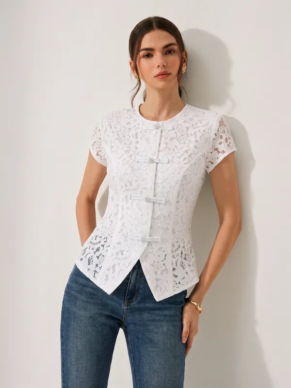 Short Sleeve Frog Button Lace Blouse made by COMMENSE