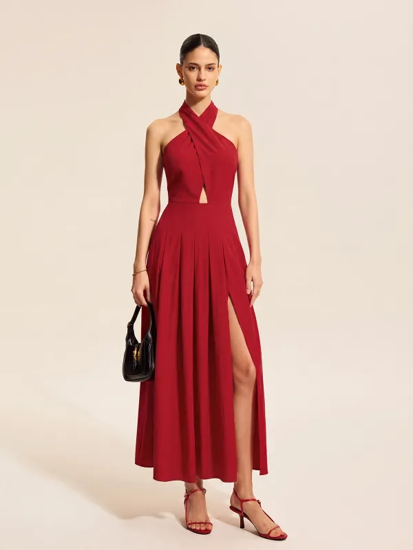 Halter Slit Cotton Linen Maxi Dress made by COMMENSE