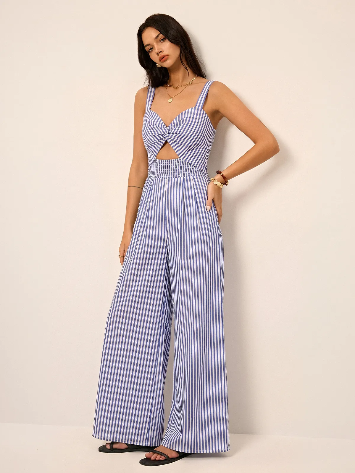 Striped Cut Out Wide Leg Cami Jumpsuit sold by COMMENSE