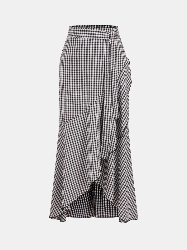 Gingham Ruffled Asymmetric Maxi Skirt made by COMMENSE