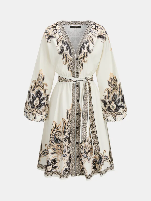 Paisley Print Belted Long Sleeve Midi Dress made by COMMENSE
