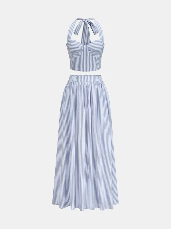 Striped Halter Crop Top & Midi Skirt Set made by COMMENSE