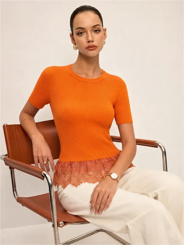 Lace Peplum Hem Ribbed Knit Top made by COMMENSE