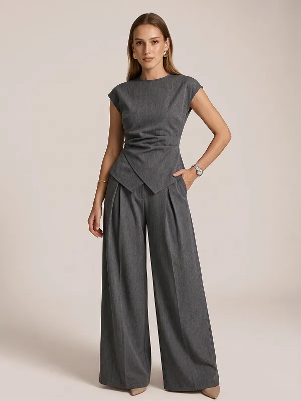 Cap Sleeve Ruched Blouse & Pleated Pants Set made by COMMENSE