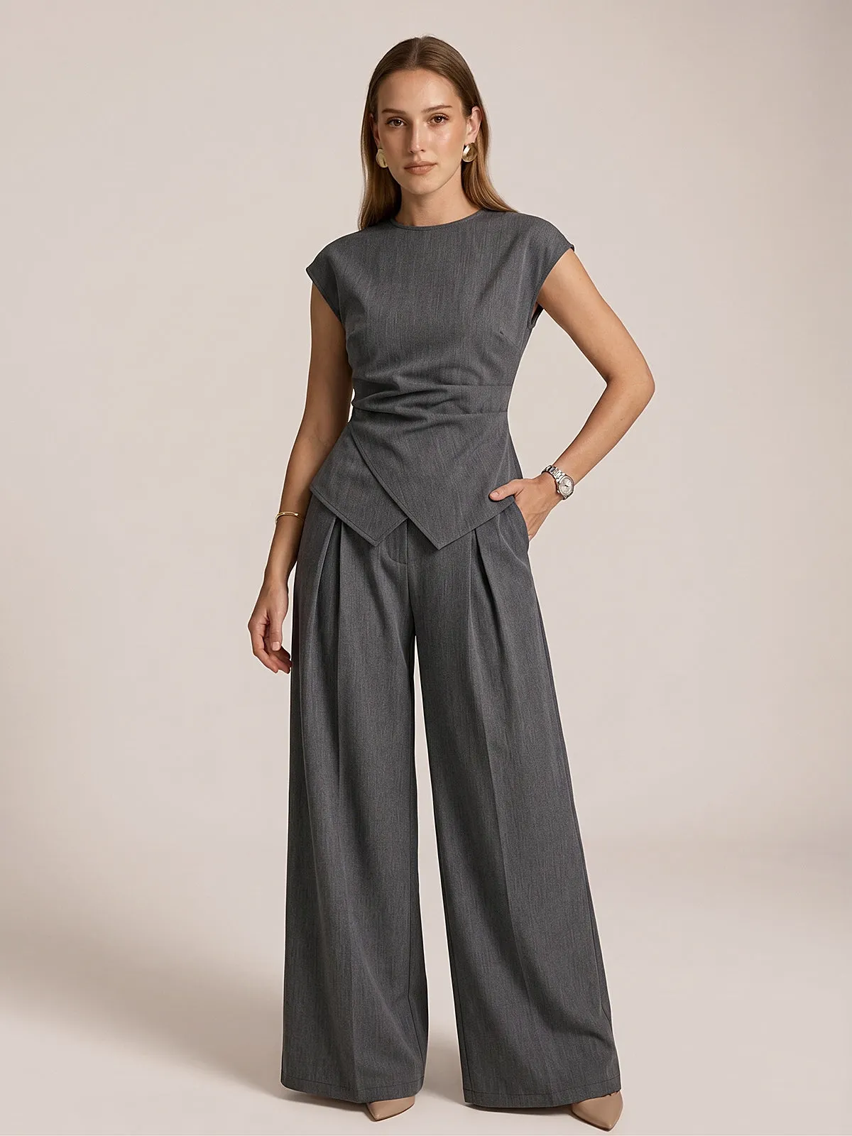 Cap Sleeve Ruched Blouse & Pleated Pants Set sold by COMMENSE