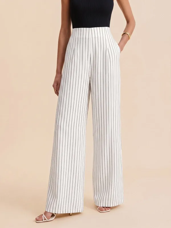 Pinstripe Cotton Linen Wide Leg Pants made by COMMENSE