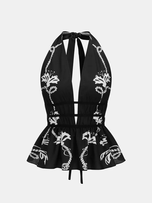 Floral Print Halter Neck Peplum Top made by COMMENSE