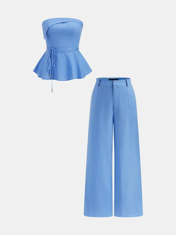 Linen-Blend Strapless Peplum Top & Pants Set made by COMMENSE
