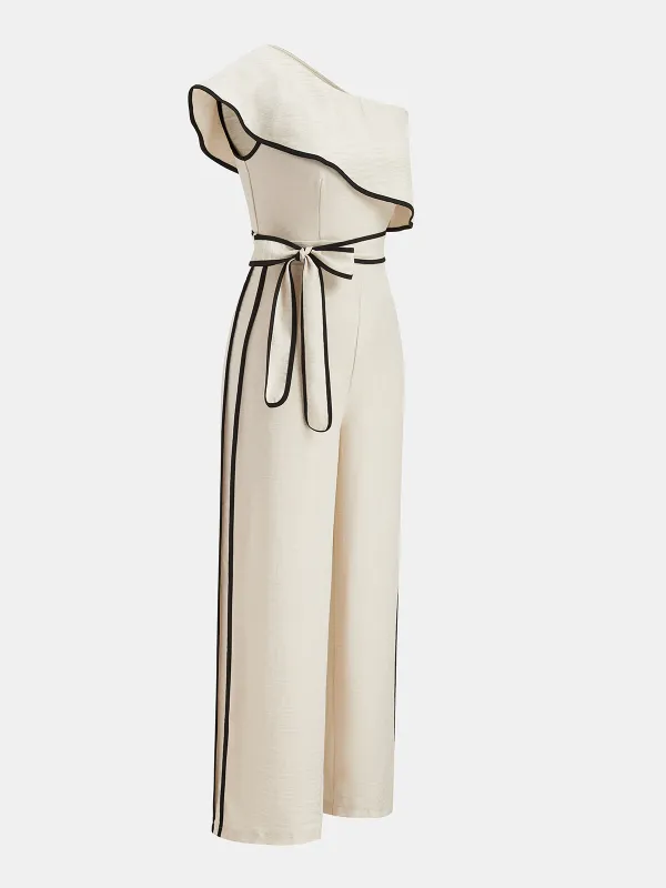 One-Shoulder Ruffle Contrast Piping Jumpsuit made by COMMENSE