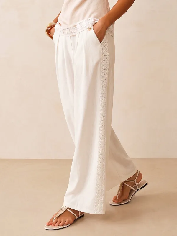 Lace Trim Linen Blend Wide Leg Pants made by COMMENSE