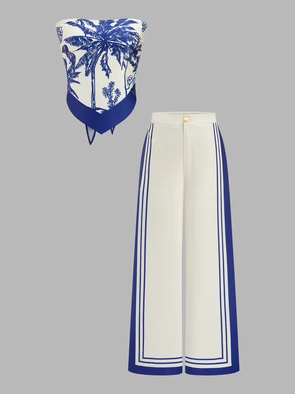 Printed Strapless Top & Wide Leg Pants Set made by COMMENSE