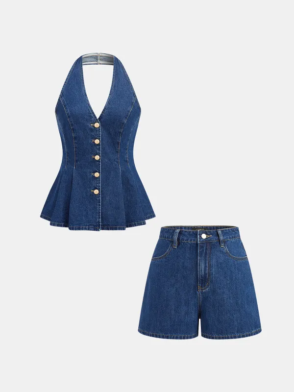 Denim Halter Peplum Top & Shorts Set made by COMMENSE