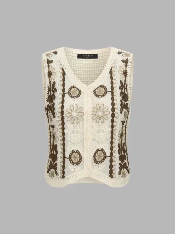 Floral Embroidered Crochet Knit Vest made by COMMENSE