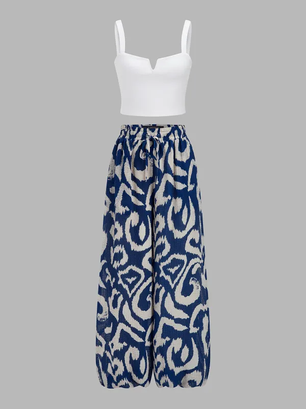 Cami Crop Top & Printed Wide Pants Set made by COMMENSE