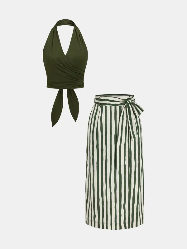 Tie-Back Halter Top & Striped Midi Skirt Set made by COMMENSE
