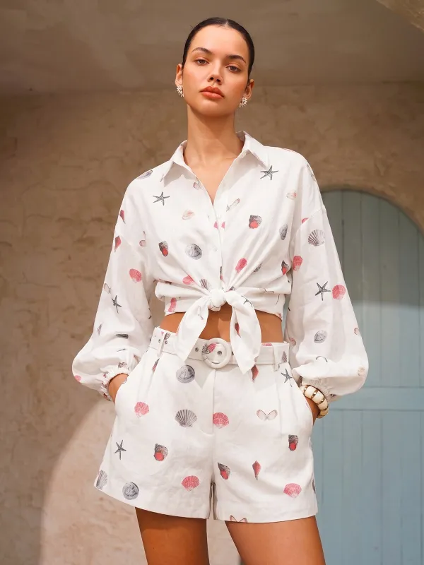 Seashell Print Linen Blend Shirt & Shorts Set made by COMMENSE