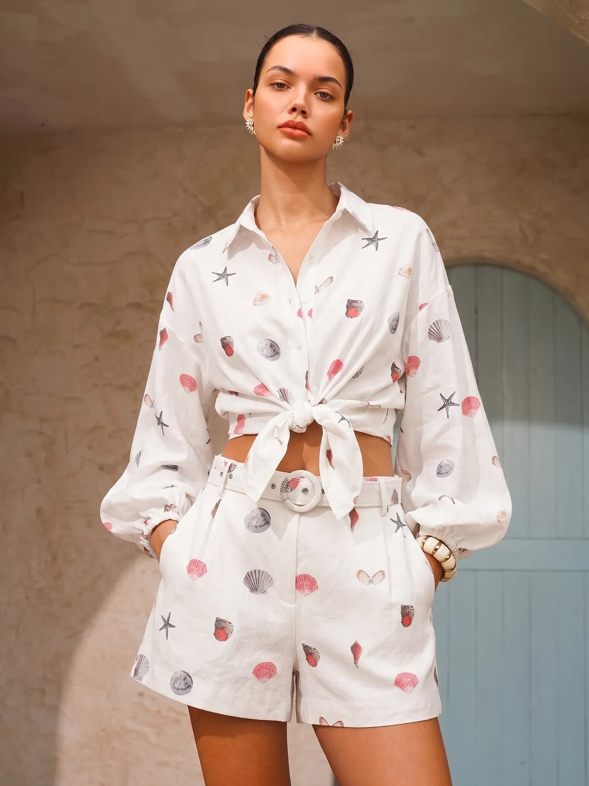 Seashell Print Linen Blend Shirt & Shorts Set sold by COMMENSE