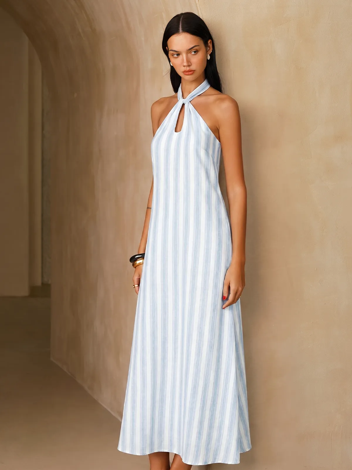 Striped Cotton Halter Maxi Dress sold by COMMENSE