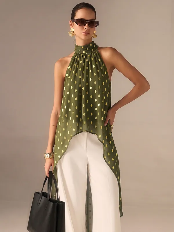Polka Dot Halter Asymmetrical Blouse made by COMMENSE