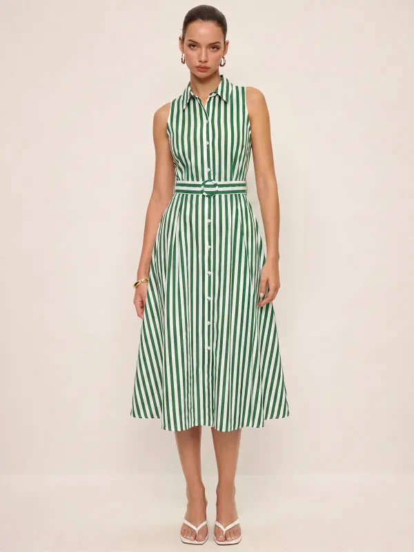 Striped Sleeveless Cotton Belted Midi Dress made by COMMENSE