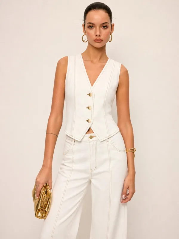 Contrast Stitch Denim Vest & Wide Leg Pants Set made by COMMENSE