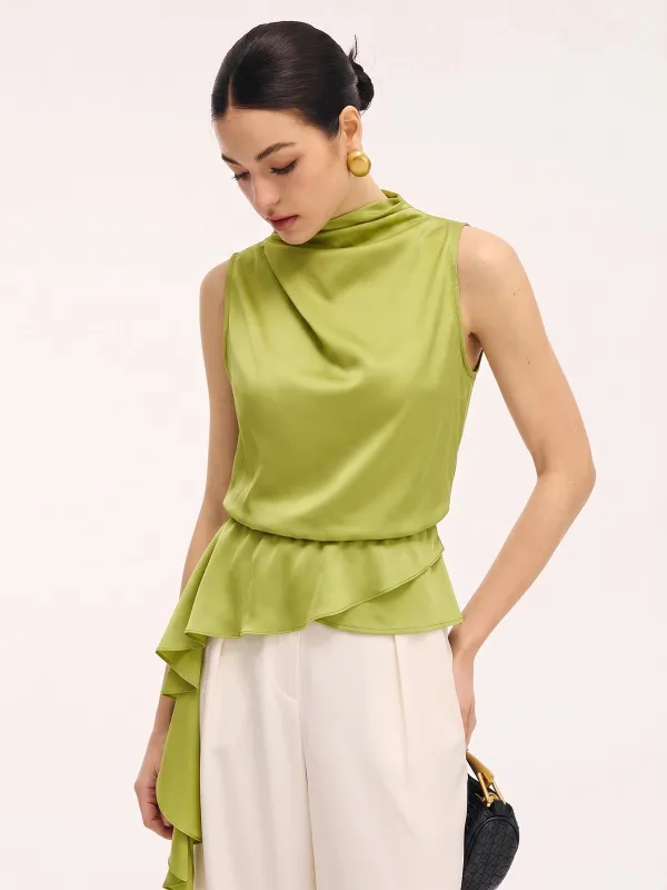 Sleeveless Satin Cowl Neck Peplum Blouse made by COMMENSE