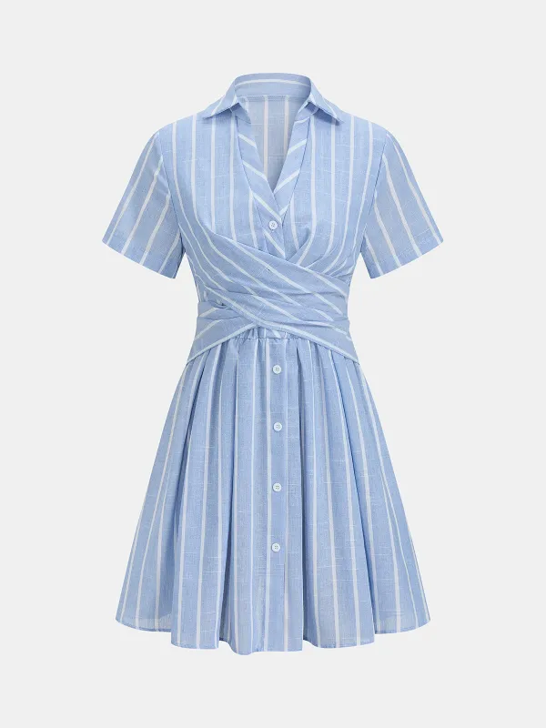 Striped Cotton Linen Short Sleeve Shirt Dress made by COMMENSE