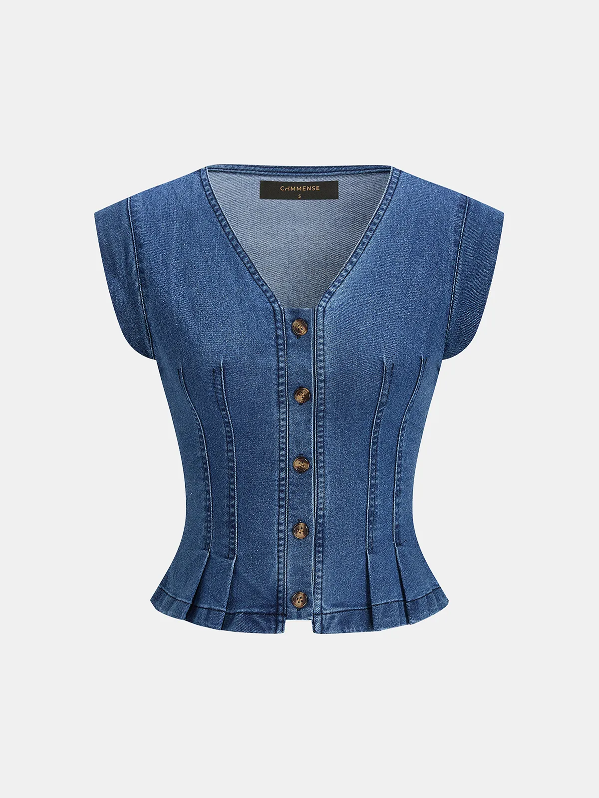 Button Front V Neck Denim Top sold by COMMENSE