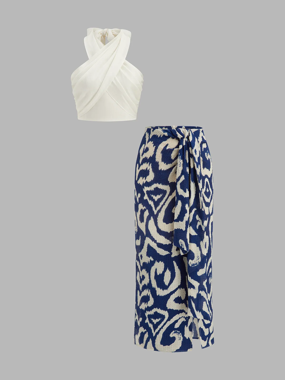 Halter Wrap Top & Abstract Print Skirt Set sold by COMMENSE