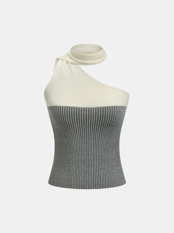 Wool Blend Color Block One Shoulder Knit Top made by COMMENSE