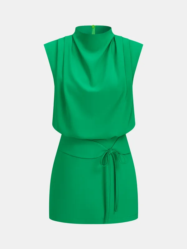 Draped Mock Neck Blouse & Tie-Waist Mini Skirt Set made by COMMENSE