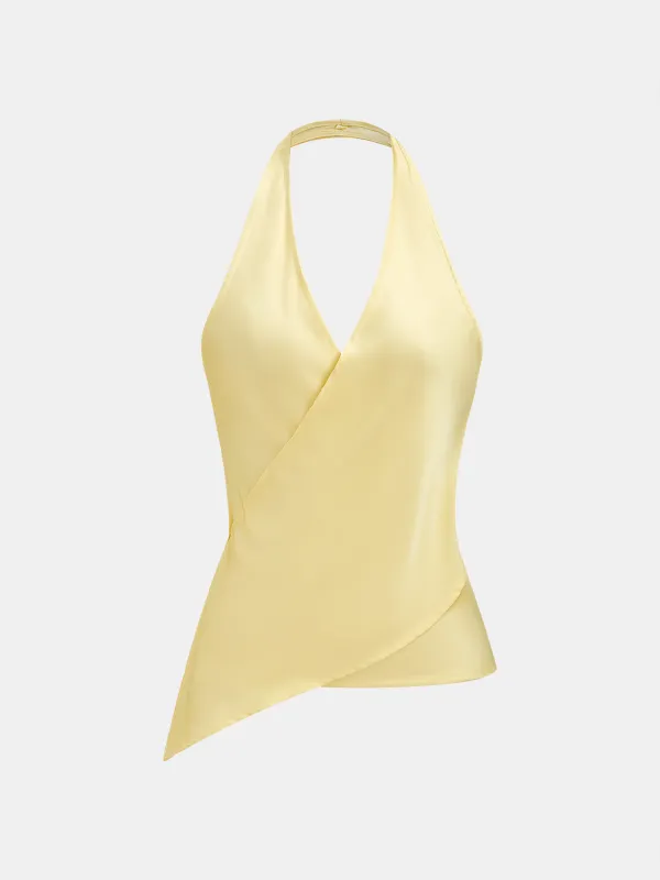 Asymmetric Hem Satin Halter Wrap Top made by COMMENSE