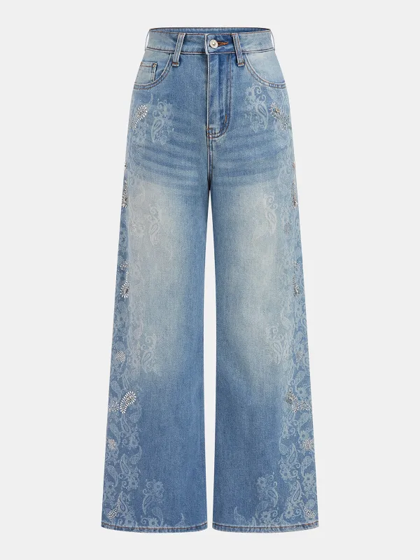 Paisley Jacquard Rhinestone Stud Wide Leg Jeans made by COMMENSE