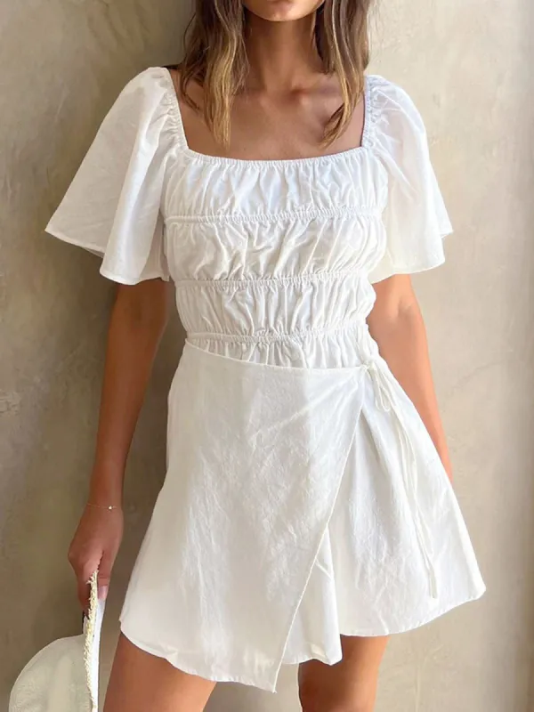 Cotton Puff Sleeve Wrap Short Dress sold by COMMENSE