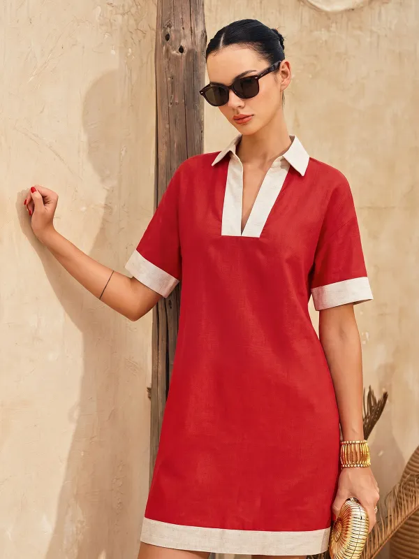 Tencel Linen Blend Contrast Trim Shift Dress made by COMMENSE