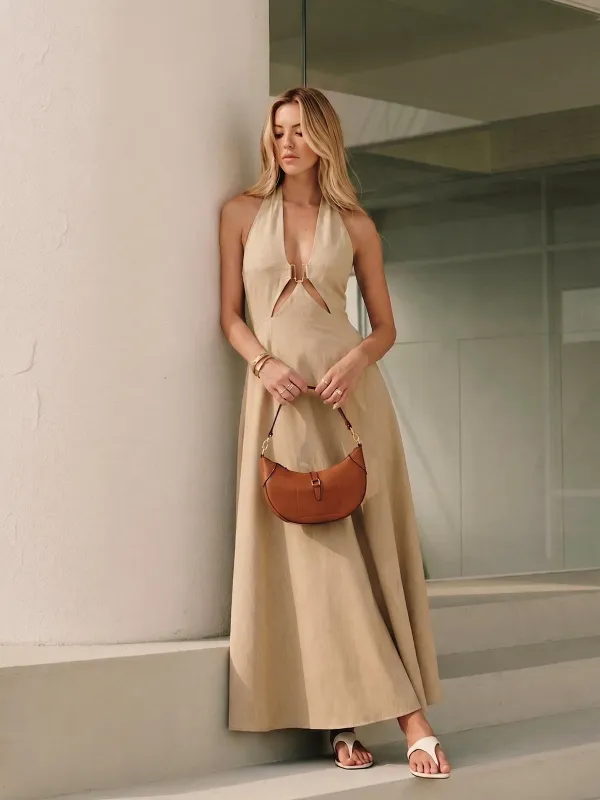 Cut-Out Linen-Blend Halter Maxi Dress made by COMMENSE