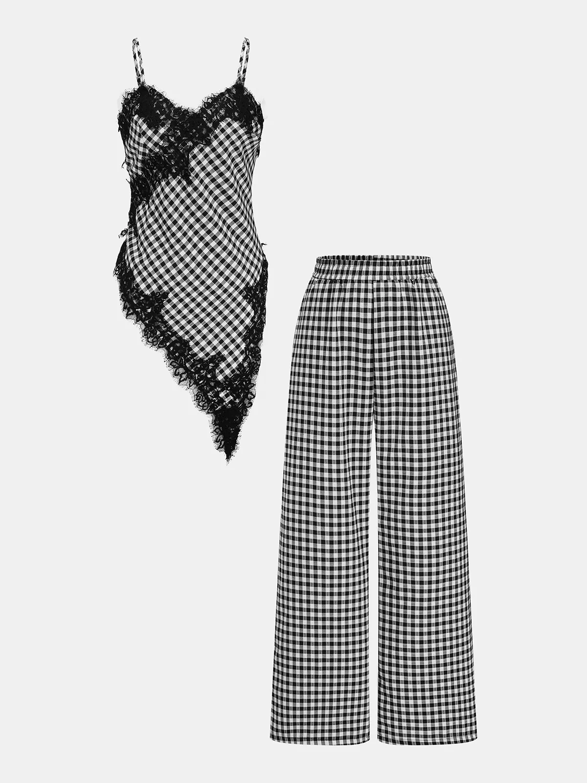 Gingham Cotton Lace Trim Cami Top & Pants Set sold by COMMENSE