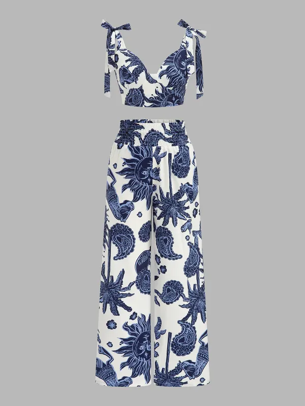 Printed Tie-Shoulder Top & Elastic Waist Pants Set made by COMMENSE
