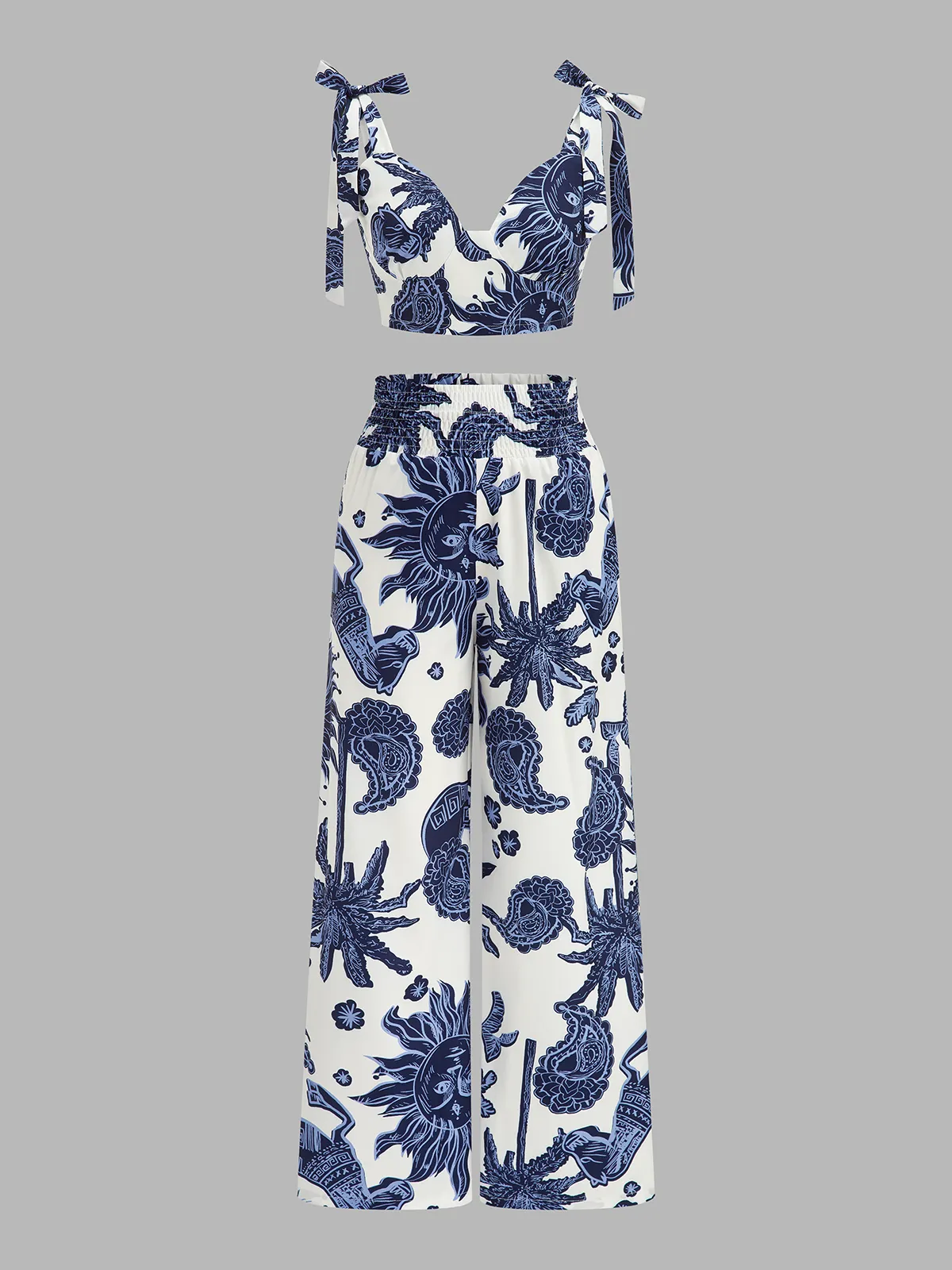 Printed Tie-Shoulder Top & Elastic Waist Pants Set sold by COMMENSE