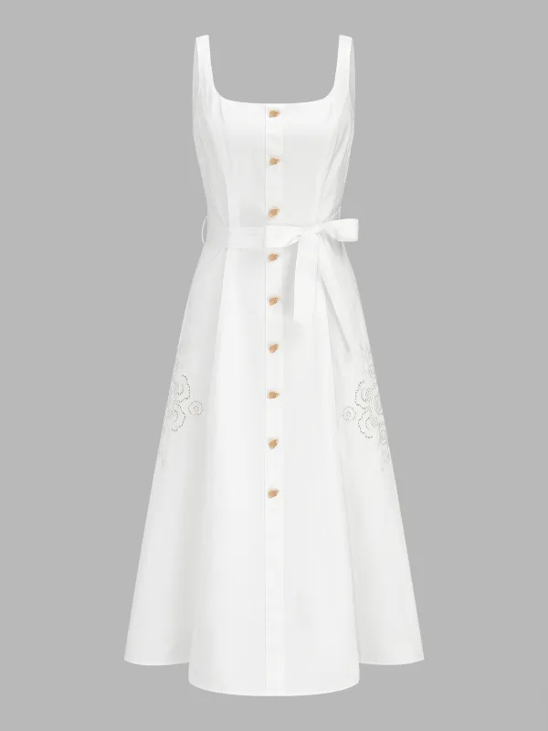 Eyelet Embroidery Belted Square Neck Maxi Dress made by COMMENSE