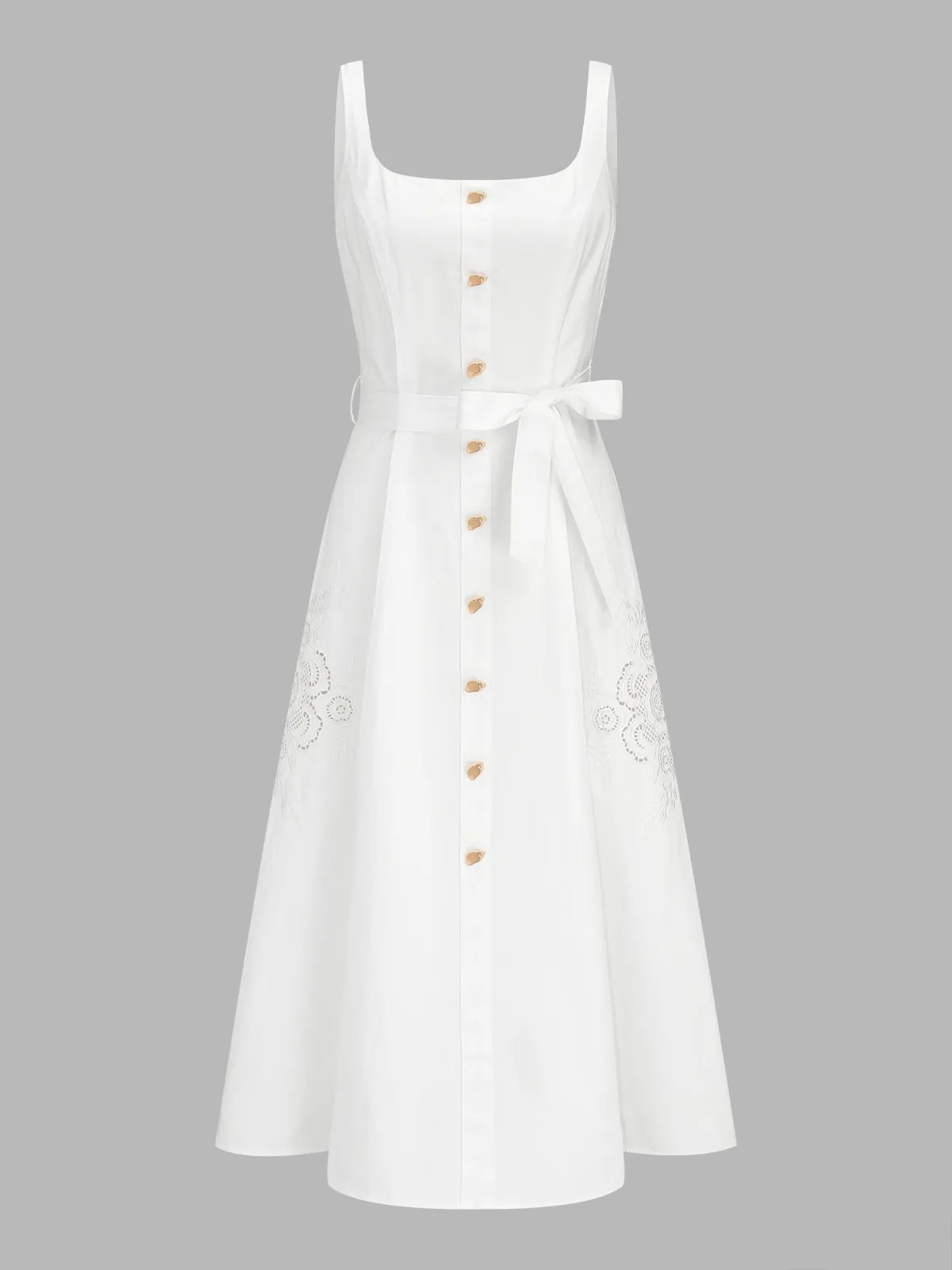 Eyelet Embroidery Belted Square Neck Maxi Dress sold by COMMENSE