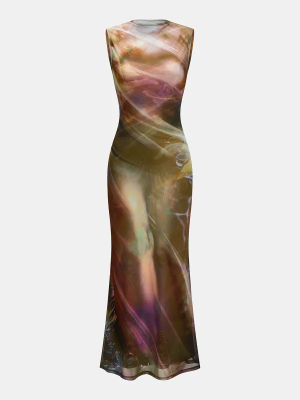 Abstract Watercolor Print Mesh Maxi Dress made by COMMENSE