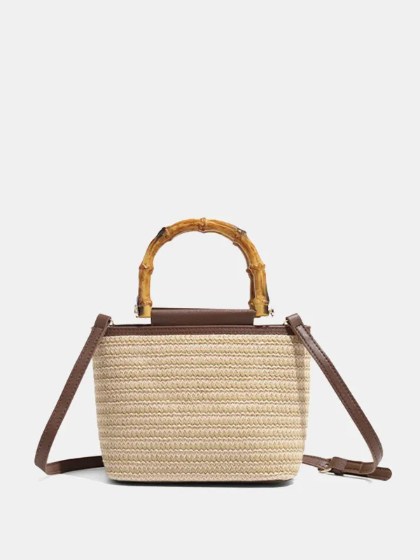 Bamboo Handle Straw Crossbody Handbag made by COMMENSE