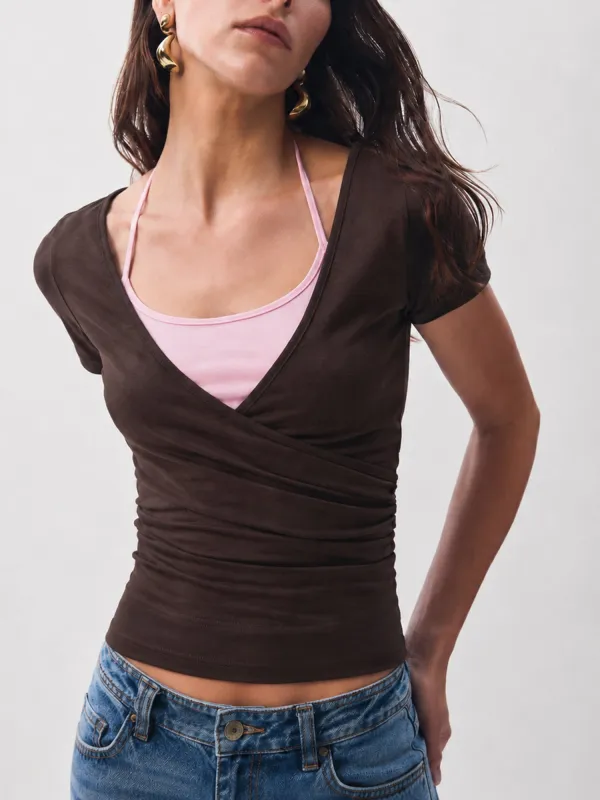 2 in 1 Color Block Halter Ruched Top made by COMMENSE