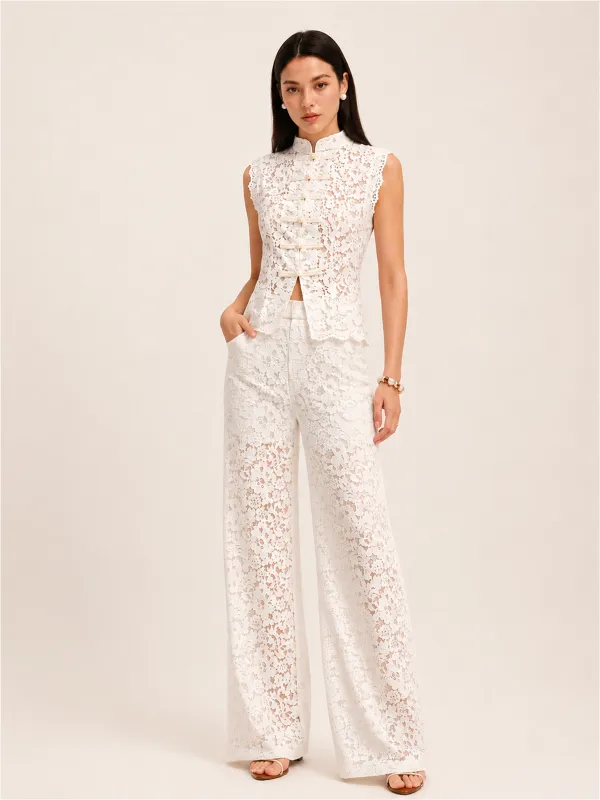 Frog Button Mandarin Collar Lace Vest & Pants Set made by COMMENSE