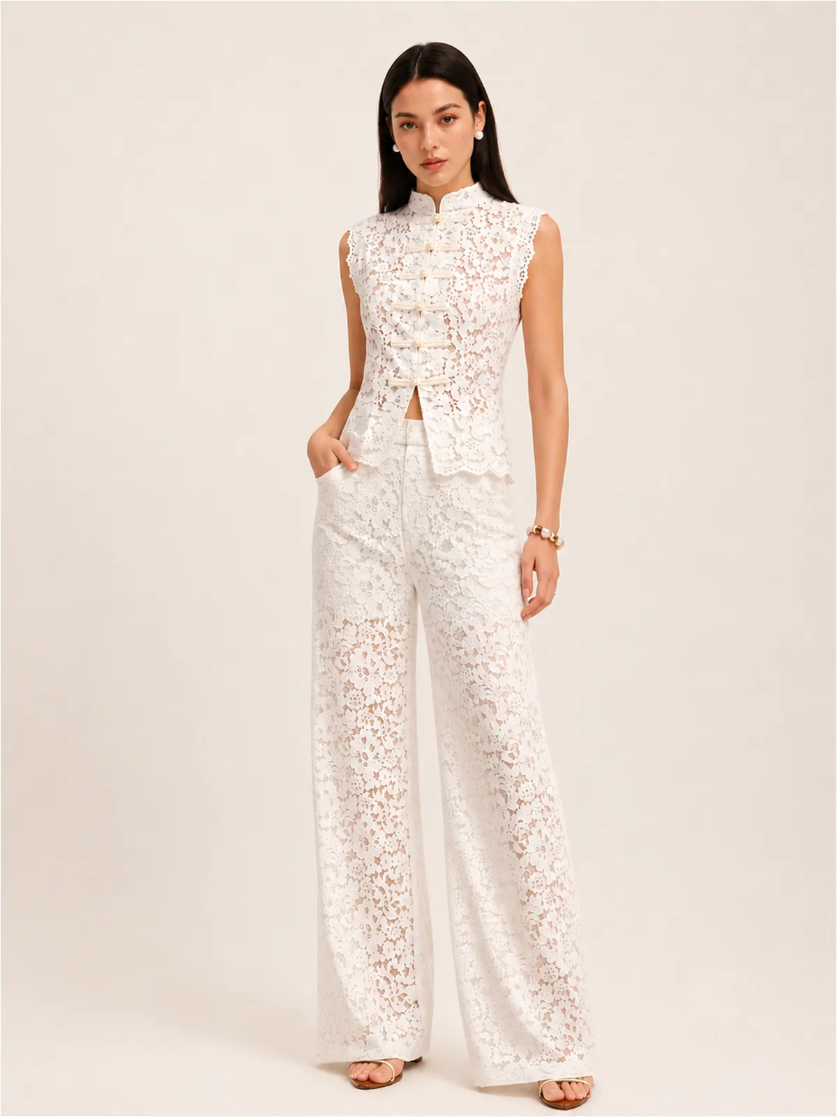 Frog Button Mandarin Collar Lace Vest & Pants Set sold by COMMENSE