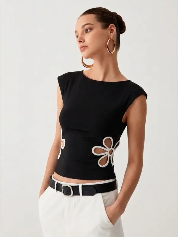 Flower Cutout Sleeveless Fitted Top made by COMMENSE