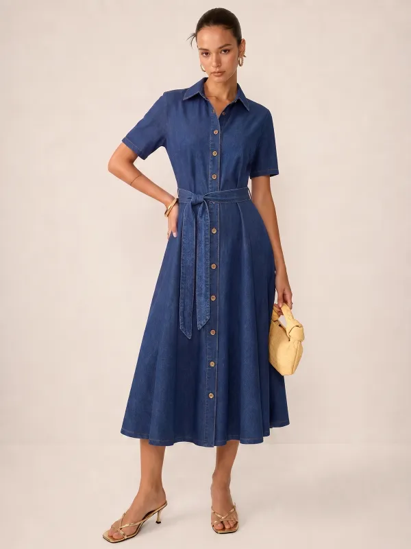 Belted Short Sleeve Denim Shirt Dress made by COMMENSE