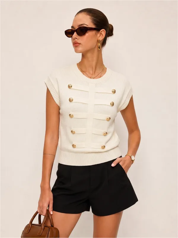 Decorative Metal Button Crew Neck Knit Top made by COMMENSE